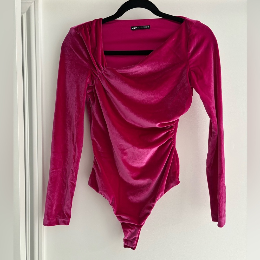 Zara Fuchsia Velvet Draped Long-Sleeve Bodysuit